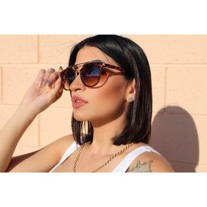 Downtown Brown Frame Animal Print Black Lens Retro Sunglasses